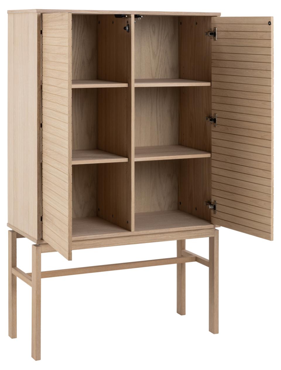 Linley cabinet, top, frame, 2 doors and 4 shelves white pigmented oiled oak veneer, base white pigmented oiled oak, with lamella front and push to open function, 90,8x40x150 cm