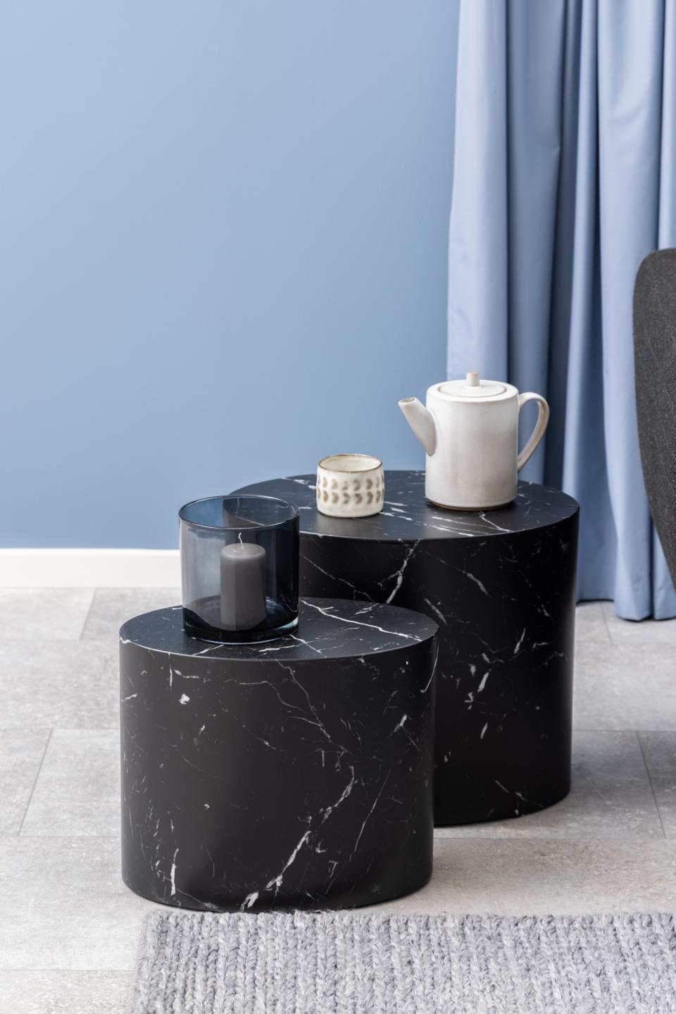 Mice oval coffee table set, top and base black marble Marquina rough paper, with set of 2 pcs, 33x48x40 cm