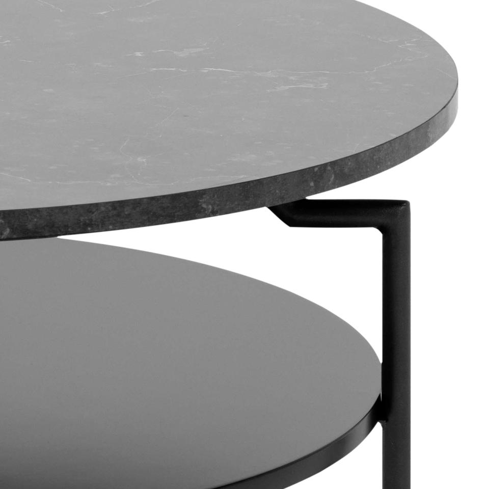 Goldington round coffee table, top black marble Izmir melamine, shelf black PU painted MDF, base matt black rough powder coated steel, Ø80x45 cm