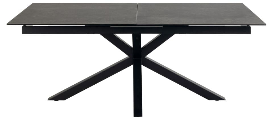 Heaven rectangular dining table, top black Fairbanks rough ceramic, cross base matt black rough powder coated steel, with extension leaf storage and synchronous extension, 200/240x100x76 cm