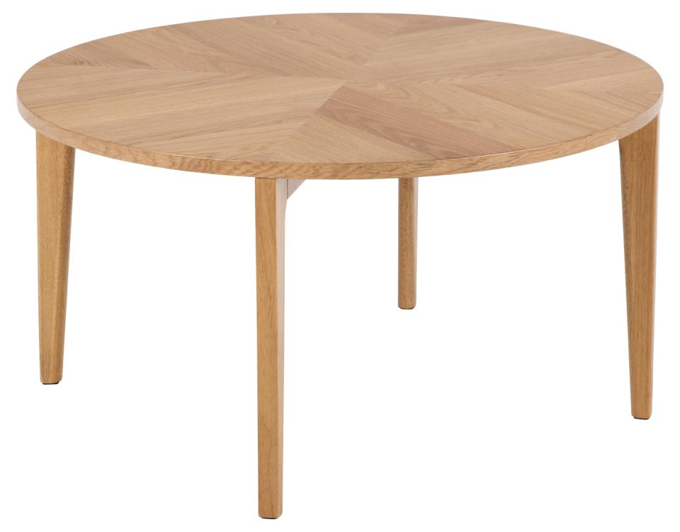 Laudal round coffee table, top oak PU lacquered veneer, base oak stained NC lacquered rubberwood, with starburst, Ø80x42 cm