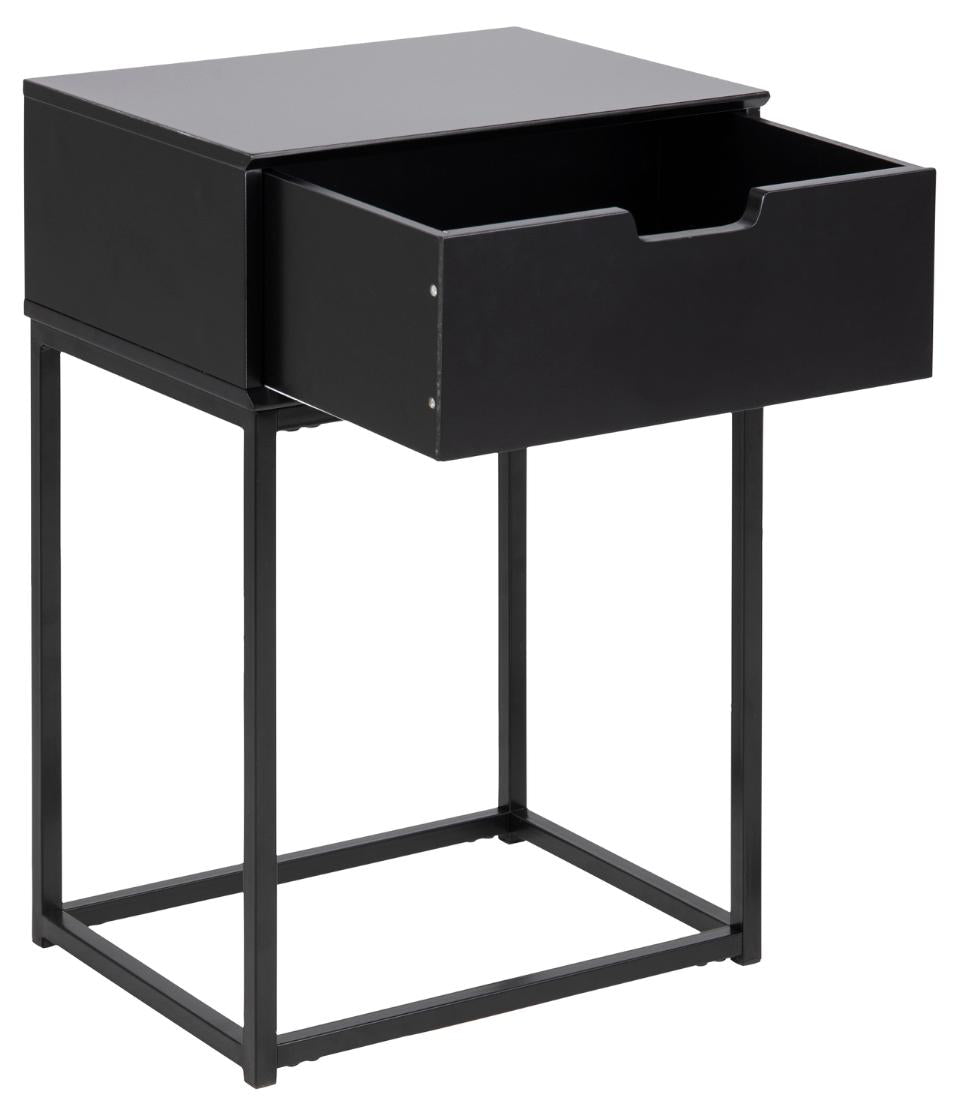 Mitra rectangular bedside table, top and drawer black UV painted MDF, base black powder coated steel, 40x30x61,5 cm