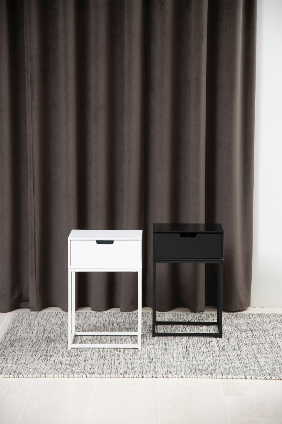 Mitra rectangular bedside table, top and drawer black UV painted MDF, base black powder coated steel, 40x30x61,5 cm