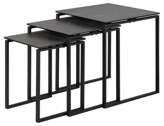 Katrine square nest of tables, top black Fairbanks rough ceramic, sledge base matt black rough powder coated steel, with set of 3 pcs, 50x50x55 cm