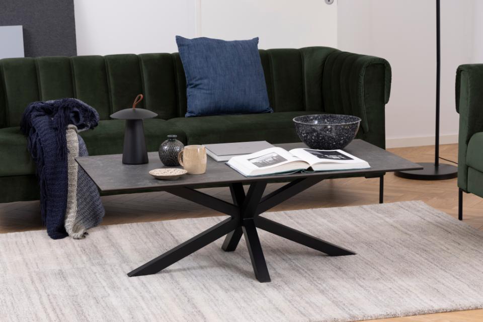 Heaven rectangular coffee table, top black Fairbanks rough ceramic, cross base matt black rough powder coated steel, 130x70x46 cm