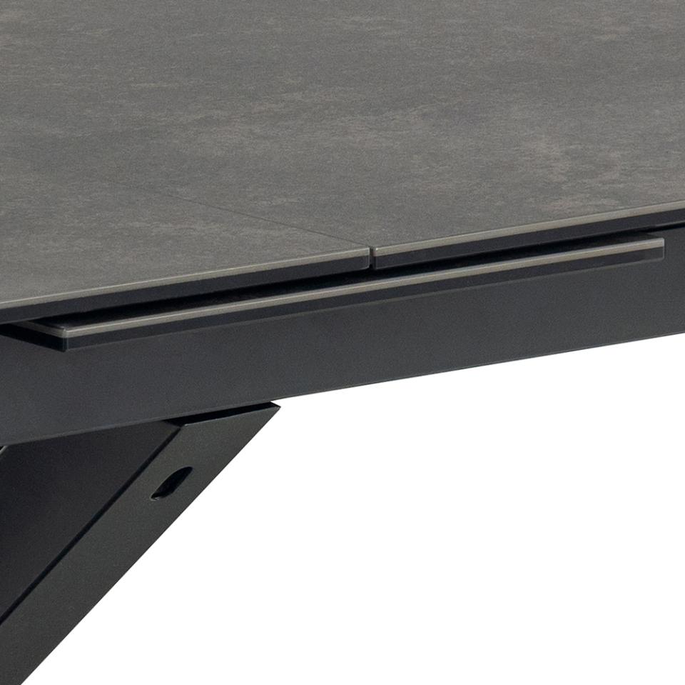 Heaven rectangular dining table, top black Fairbanks rough ceramic, cross base matt black rough powder coated steel, with extension leaf storage and synchronous extension, 200/240x100x76 cm