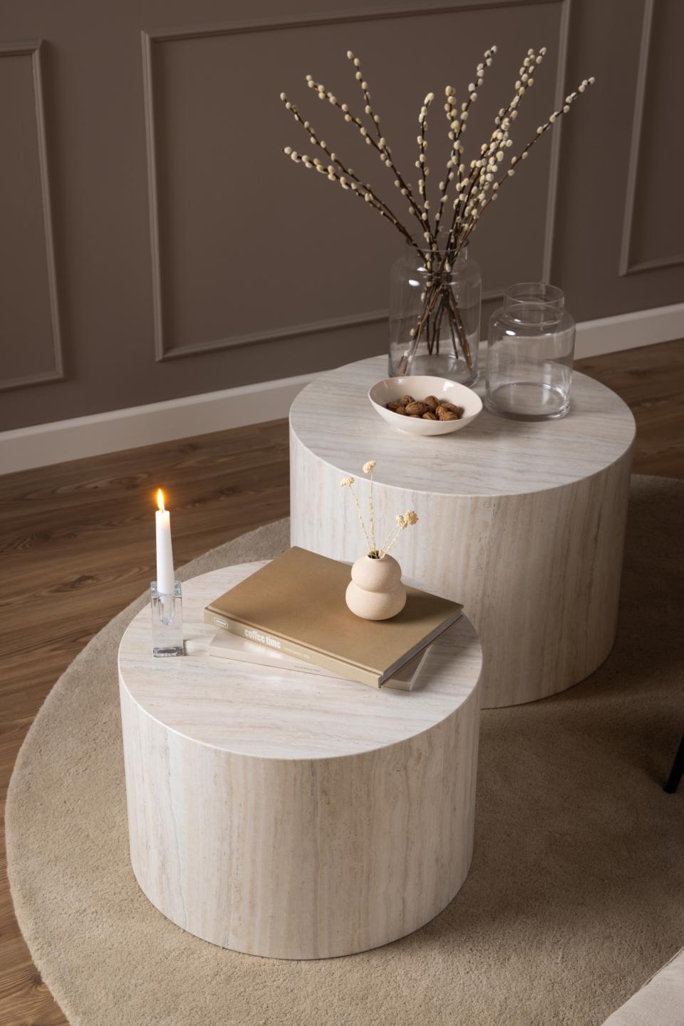 Dice round coffee table set, top and base travertine rough paper, with set of 2 pcs, Ø58x40 cm