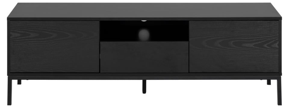 Seaford TV unit, top and frame black PU painted MDF, 2 doors and drawer ash black rough melamine, base matt black rough powder coated steel, with metal runners, full extension, open compartment, push to open function, soft close and wire hole, 140x40x45 c