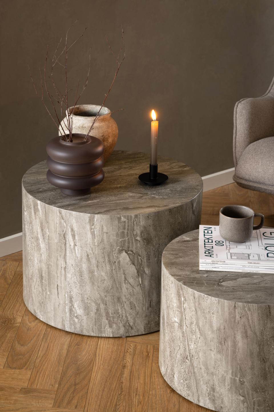 Dice round coffee table set, top and base grey marble River rough paper, with set of 2 pcs, Ø58x40 cm