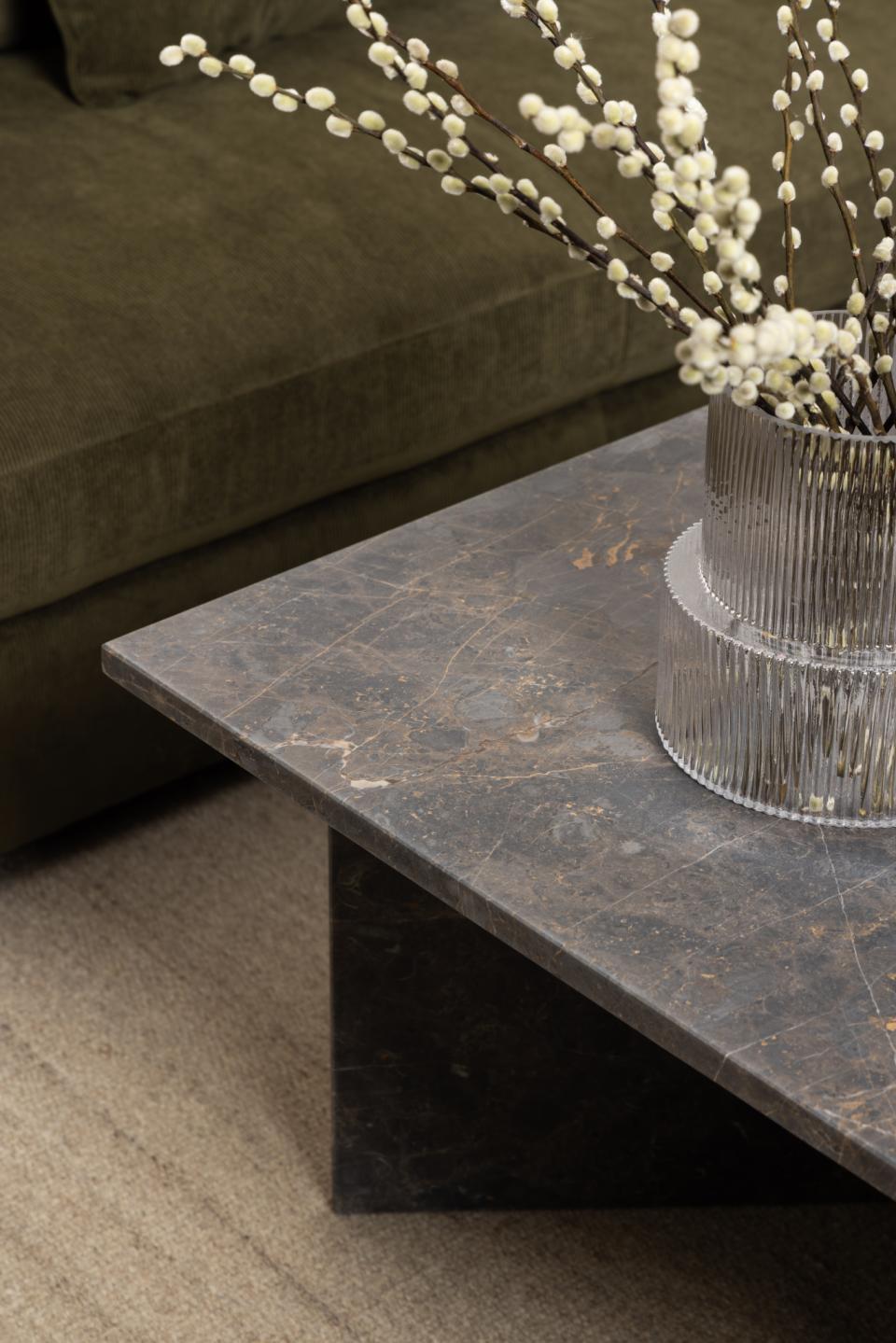 Vega rectangular coffee table, top and V-shape base matt brown Marron lacquered marble, 140x70x42 cm