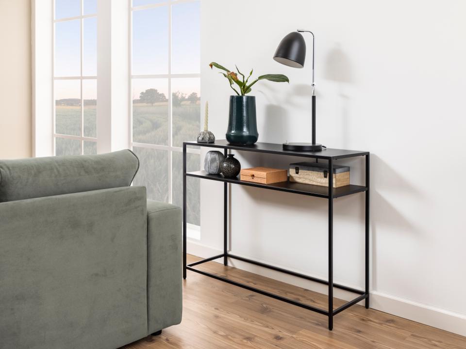 Newcastle rectangular console table, top, shelf and base matt black rough powder coated steel, 100x35x79 cm