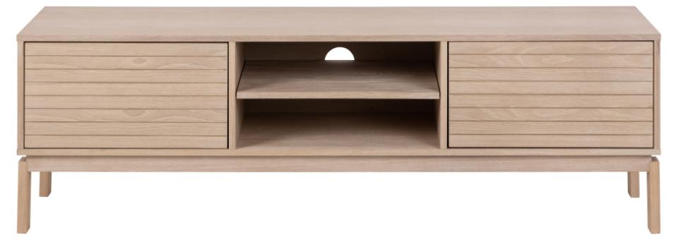 Linley TV unit, top, frame, 2 doors and 3 shelves white pigmented oiled oak veneer, base white pigmented oiled oak, with lamella front and push to open function, 160x40x50 cm