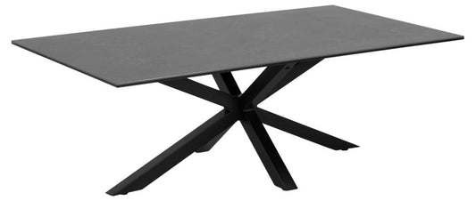 Heaven rectangular coffee table, top black Fairbanks rough ceramic, cross base matt black rough powder coated steel, 130x70x46 cm