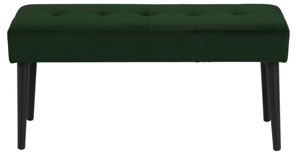 Glory bench, Vic fabric forest green 68AC FR, base matt black rough powder coated steel, with tuftings, 95x38x45 cm