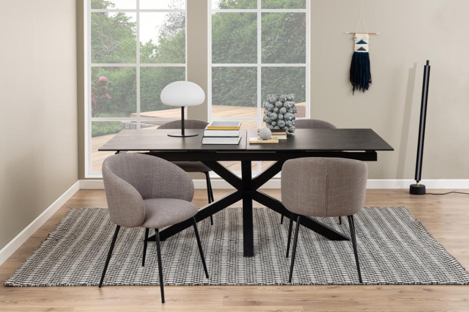 Heaven rectangular dining table, top black Fairbanks rough ceramic, cross base matt black rough powder coated steel, with extension leaf storage and synchronous extension, 200/240x100x76 cm