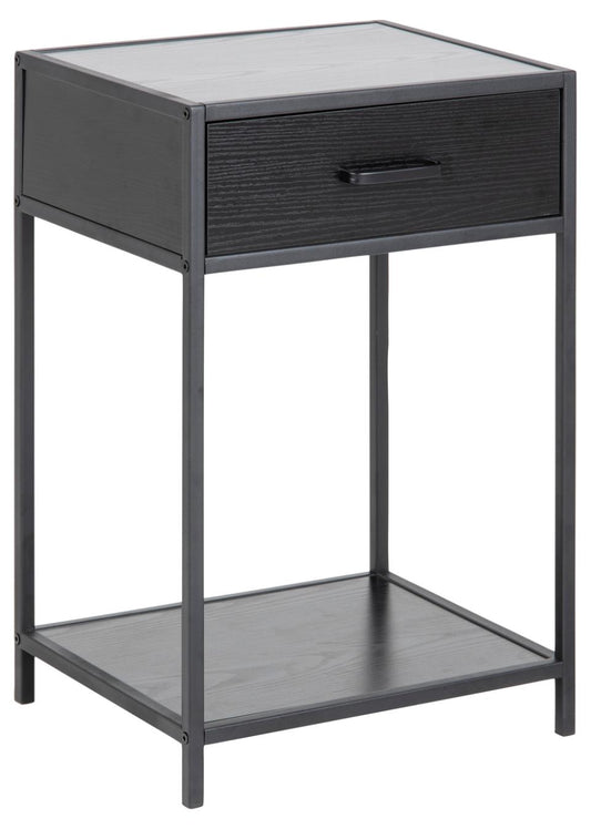 Seaford rectangular bedside table, top, drawer and shelf ash black rough melamine, base matt black rough powder coated steel, with metal runners, 42x35x63 cm