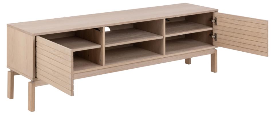 Linley TV unit, top, frame, 2 doors and 3 shelves white pigmented oiled oak veneer, base white pigmented oiled oak, with lamella front and push to open function, 160x40x50 cm