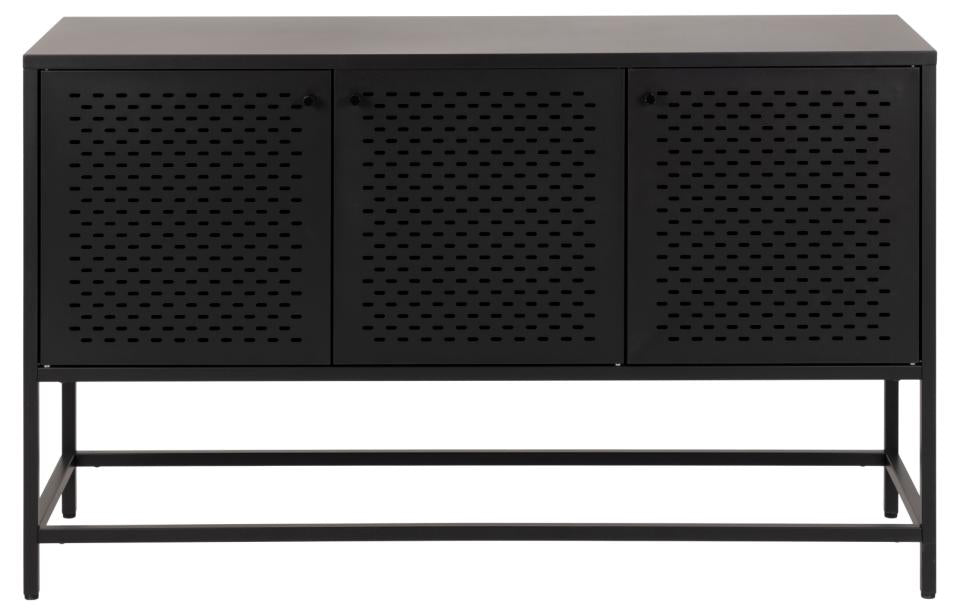 Newcastle sideboard, top, frame, 3 doors, 2 shelves and base matt black rough powder coated steel, with metal mesh, 125x40x75 cm