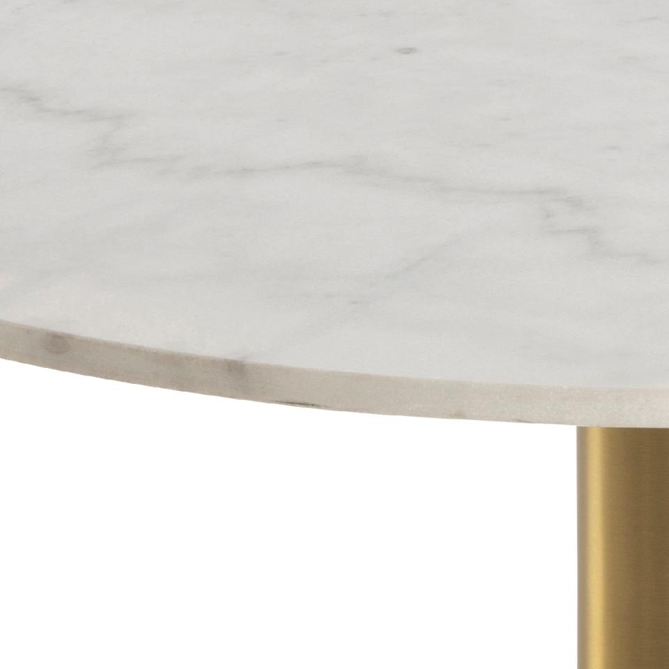 Corby round coffee table, top white Guangxi polished marble, disc base brass brushed steel, Ø80x45 cm