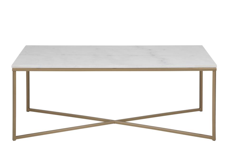 Alisma rectangular coffee table, top white Guangxi polished marble, base brass liquid coated steel, 120x60x46 cm