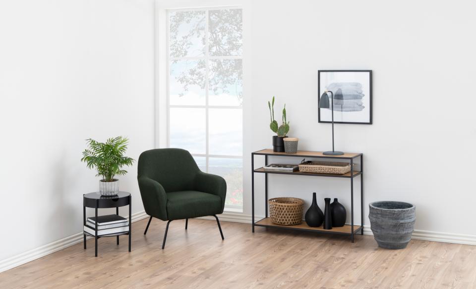 Seaford rectangular console table, top and 2 shelves matt wild oak rough paper, base matt black rough powder coated steel, 100x35x79 cm