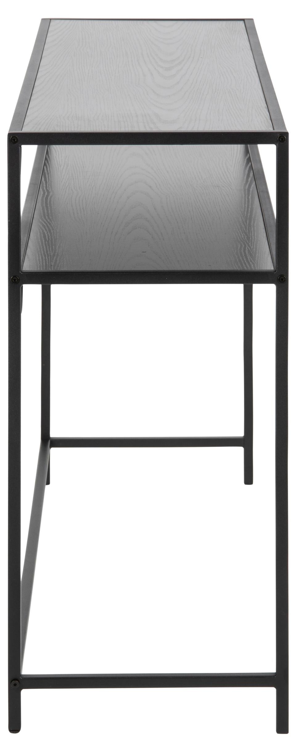 Seaford rectangular console table, top and shelf ash black rough melamine, base matt black rough powder coated steel, 120x35x79 cm