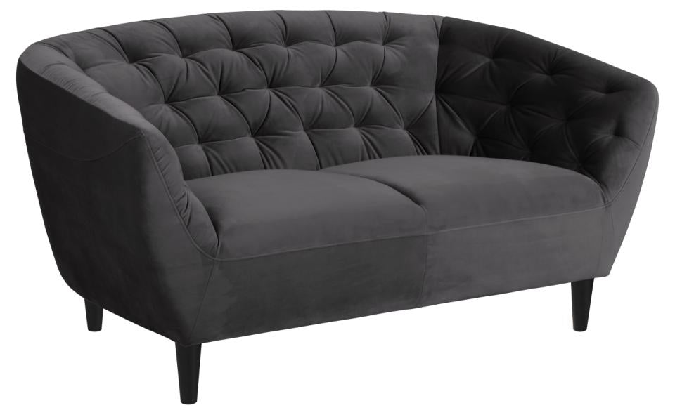 Ria 2-seater, Vic fabric dark grey 28, base black NC lacquered rubberwood, with pocket springs and tuftings, 150x84x78 cm