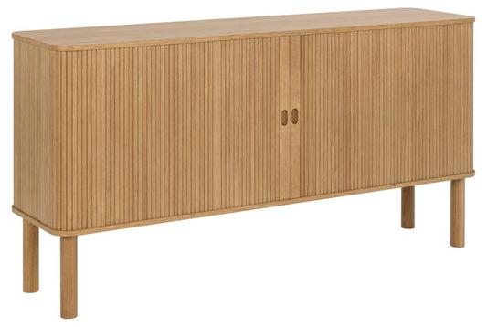 Langley sideboard, top and frame oak PU lacquered veneer, 2 doors oak NC lacquered veneer, 2 shelves oak melamine, base NC lacquered oak, with lamella front, sliding door and tambour door, 160x40x80 cm