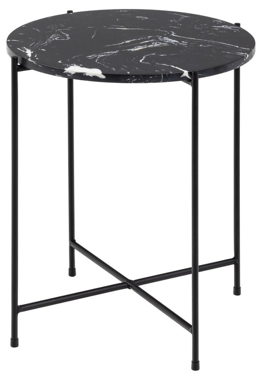 Avila round side table, top black polished art. marble stone, base matt black rough powder coated steel, Ø42x45 cm