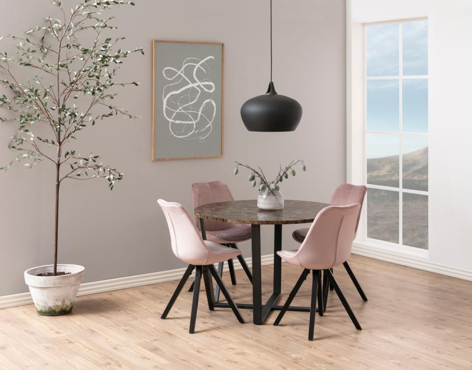 Amble round dining table, top brown marble Delhi melamine, base matt black rough powder coated steel, Ø110x75 cm