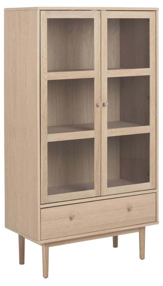 Aston display cabinet, top, frame, drawer and 2 shelves white pigmented oiled oak veneer, 2 doors clear tempered glass and white pigmented oiled oak veneer, base white pigmented oiled oak, with metal runners, 80x40x144,8 cm