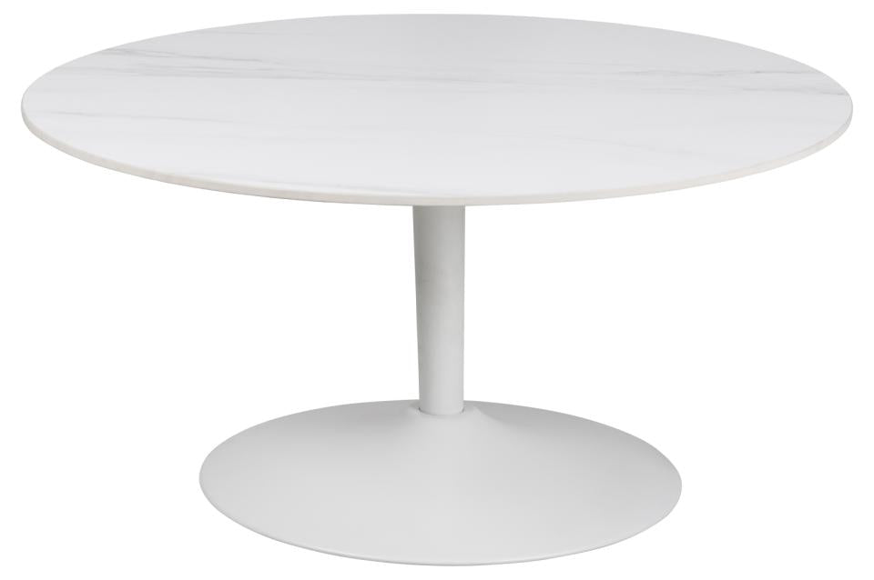 Malta round coffee table, top white Unico rough ceramic, trumpet base white rough powder coated steel, Ø90x45 cm