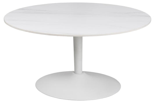 Malta round coffee table, top white Unico rough ceramic, trumpet base white rough powder coated steel, Ø90x45 cm