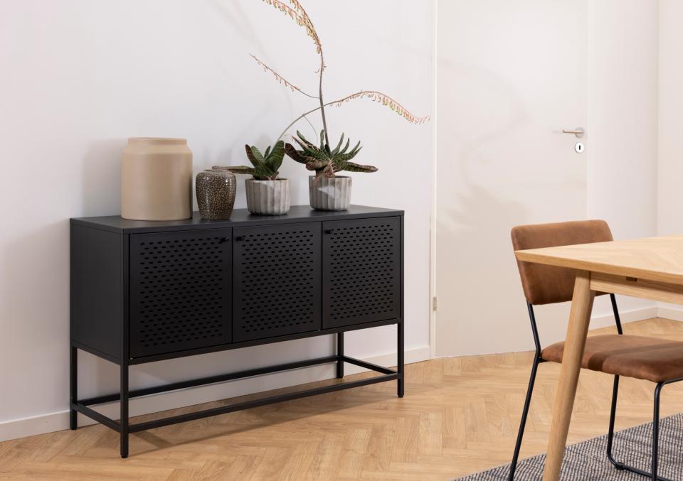 Newcastle sideboard, top, frame, 3 doors, 2 shelves and base matt black rough powder coated steel, with metal mesh, 125x40x75 cm