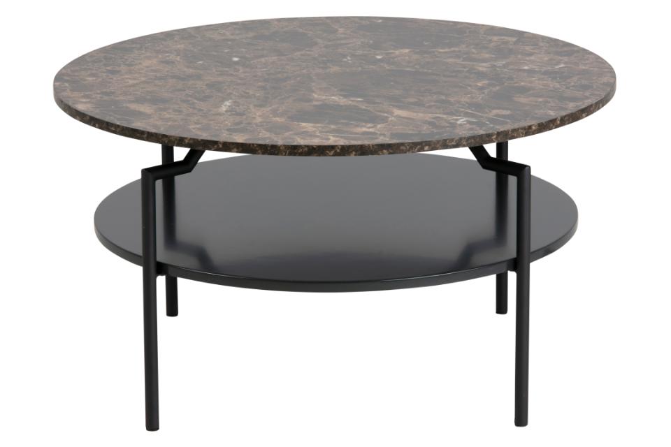 Goldington round coffee table, top brown marble Delhi melamine, shelf black PU painted MDF, base matt black rough powder coated steel, Ø80x45 cm