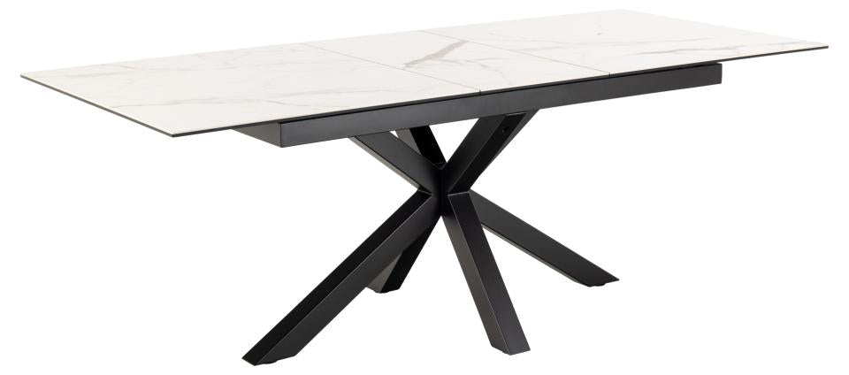 Heaven rectangular dining table, top white Akranes rough ceramic, cross base matt black rough powder coated steel, with extension leaf storage and synchronous extension, 168/210x90x76 cm