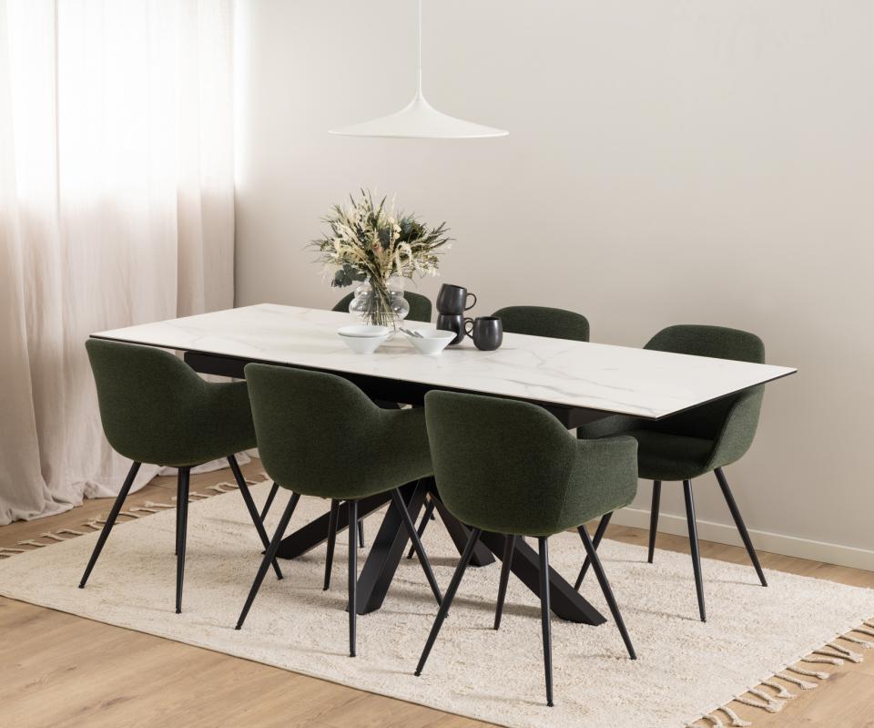 Heaven rectangular dining table, top white Akranes rough ceramic, cross base matt black rough powder coated steel, with extension leaf storage and synchronous extension, 168/210x90x76 cm