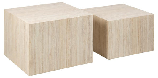 Dice square coffee table set, top and base travertine rough paper, with set of 2 pcs, 58x58x40 cm