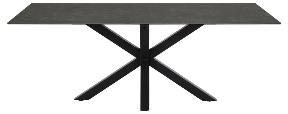 Heaven rectangular dining table, top black Fairbanks rough ceramic, cross base matt black rough powder coated steel, 200x100x75,5 cm