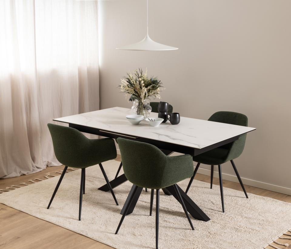 Heaven rectangular dining table, top white Akranes rough ceramic, cross base matt black rough powder coated steel, with extension leaf storage and synchronous extension, 168/210x90x76 cm