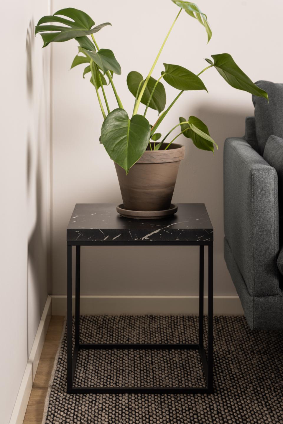 Barossa square coffee table, top black marble Marquina rough melamine, base matt black rough powder coated steel, 40x40x45 cm