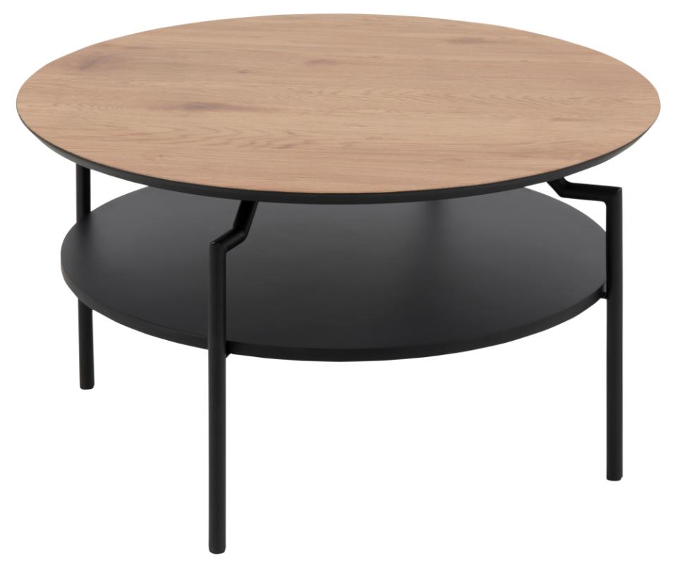 Goldington round coffee table, top matt wild oak rough paper, shelf black PU painted MDF, base matt black rough powder coated steel, Ø80x45 cm