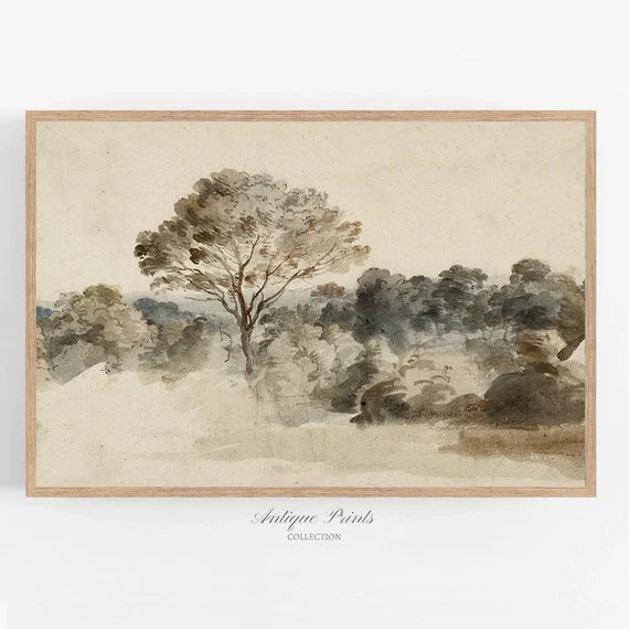 Pintura de paisagem rústica antiga em tons neutros | Arte de parede neutra vintage | Download digital para impressão | 5-26 